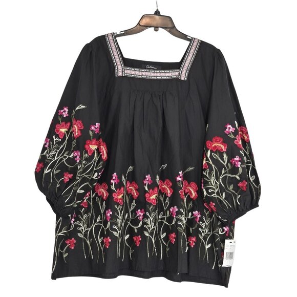 Calessa Women's Size M Floral Peasant Top Black Side Slits Embroidered (53) - Picture 5 of 12